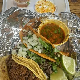 Chorizo taco, barbacoa taco and birria taco