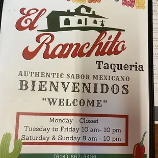 Menu at El Ranchito