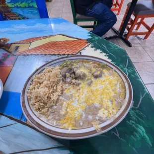 Green Chili with beans &amp; rice and corn tortillas