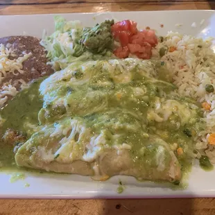 2 beef and 1shrimp enchilada plate with spicy green sauce
