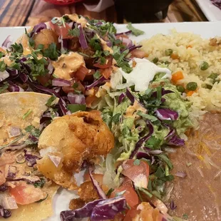 Shrimp tacos, rice, beans