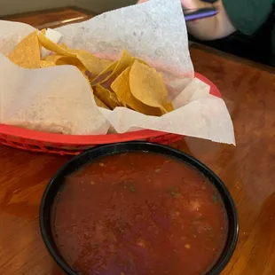 a basket of chips and salsa