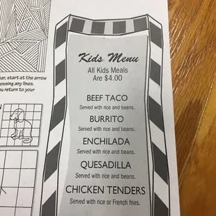 Kids menu
