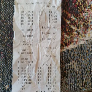 a receipt for the restaurant