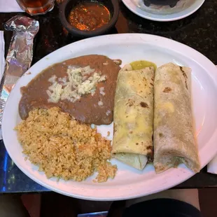 Chili Verde burritos, rice and beans