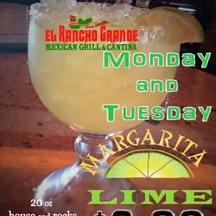 Margarita Madness 20oz house margarita on the rocks $3.99...       All day Monday and Tuesday's....