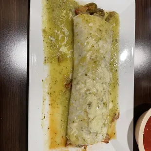 Burrito Norteno, chorizo, pork, onions, jalapeños, in green sauce