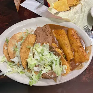 Enchiladas, Chalupa, Crispy Tacos With Rice And Beans!