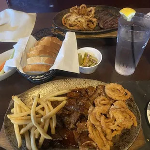 Beef strips with fries and onion rings instead of the baked potato.