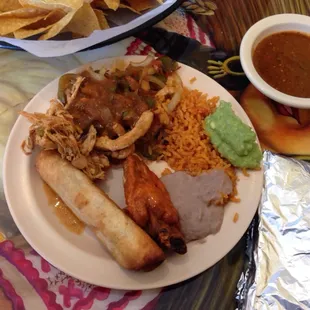 Fajitas, chimichanga, and a chicken wing!! All good!!