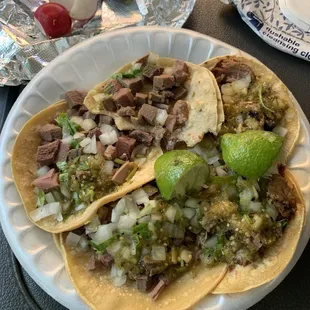 Carnitas and lengua tacos