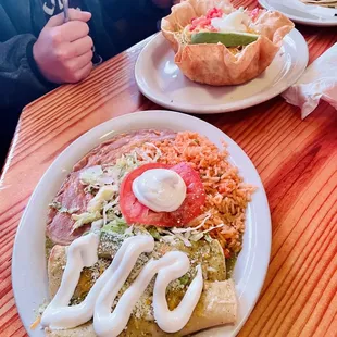 Enchiladas verdes, taco salad