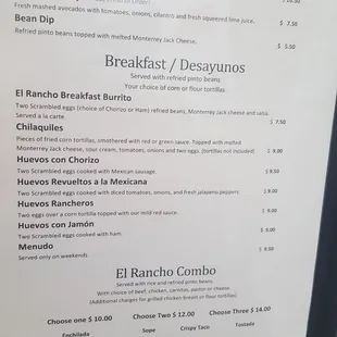 Breakfast menu