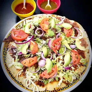 18" Tlayuda, Try finding this at your local taqueria -you won't. Crispy shell, beans, two meats, cheese, onion, tomatoes and avocado..