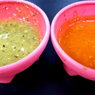 Red is a bit spicy but they are both good..