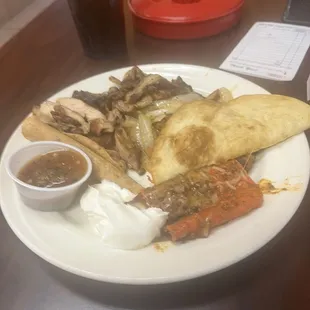 Quesadillas, beef enchiladas, fajita chicken and pork, Chicken Flautas