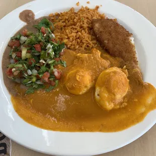 Spicy eggs, pico, rice, beans &amp; fried fish
