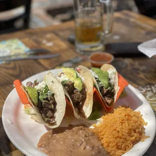 Ribeye tacos, beans, and rice