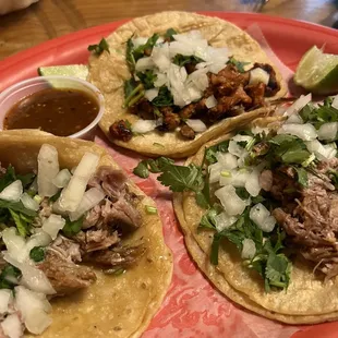 Mexican style Tacos -1 pastor 2 carnitas