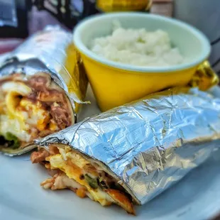 Breakfast burrito with grits.