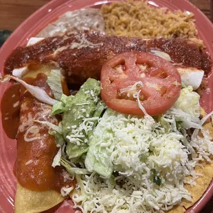 Three 3 Entrees Combo: enchilada, burrito, tostada