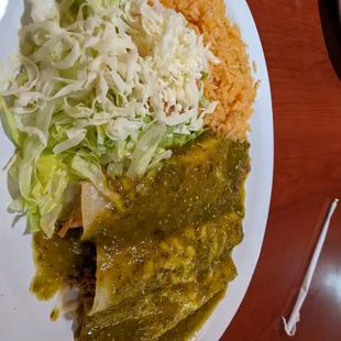 Enchiladas Verde (chicken, ground beef and cheese) with guac and rice