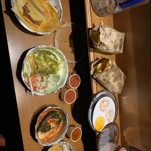 Read post; pork thamale, panza verde burrito, chili relleno, rice &amp; beans.  Came with chips &amp; salsa.