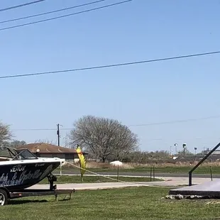 a boat tied to a trailer