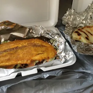 Patacon, which is huge, and an arepa.