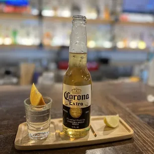Shot of tequila and corona.
