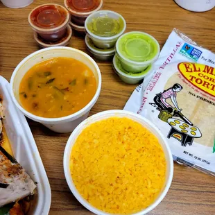 Side of rice, beans, and tortillas