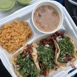 Al pastor tacos, rice, beans, avocado salsa