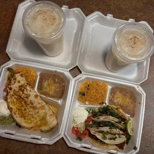 #9 Quesadilla El Rey and #1 Soft Tacos (El Pastor) and Horchata to go