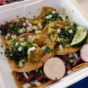 Three tacos chicharrones, three tacos lengua. I would crawl over broken glass for these things.