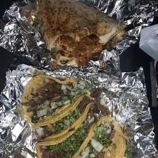 Beef fajita tacos Large pastor quesadilla