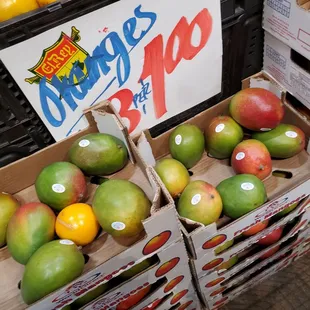 boxes of mangoes and oranges