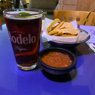 a beer and chips