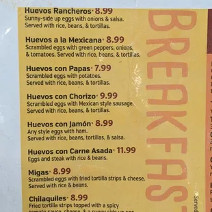 Breakfast menu