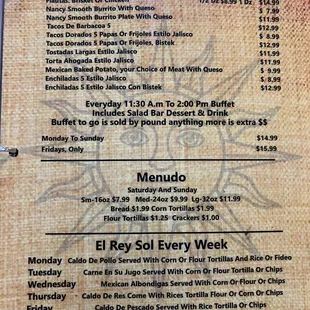 Specials, Buffet times, weekly specials