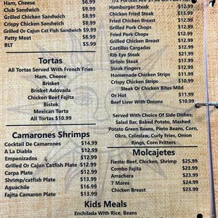 Sandwiches, Tortas, Shrimp &amp; Fish Platters, Kids meals, Steak plates