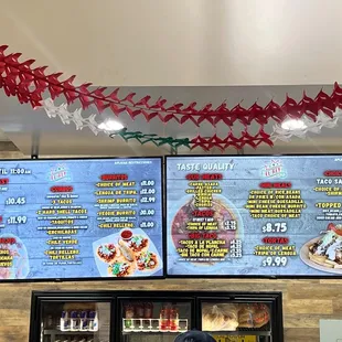 snapshot of the menu &amp; our dinner simple asada &amp; shrimp burritos, tacos to sample. Agua frescas de sandía y fresas en leche.