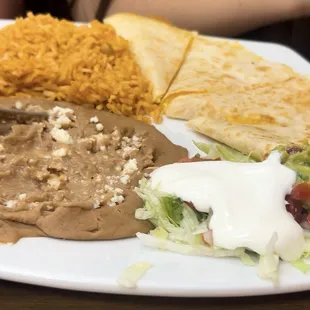 Cheese quesadillas with rice and beans.