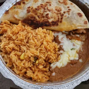 Lunch Chicken Quesadilla with rice and refried beans