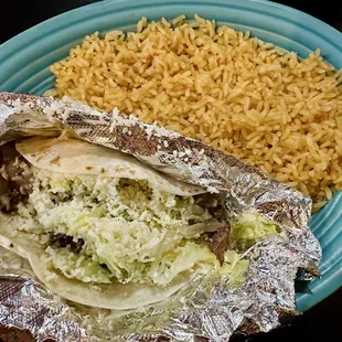 Steak taco and rice!