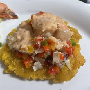 Conch shrimp octopus on the testones with the sauce drizzled on top