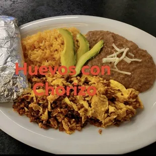Delicious Eggs with chorizo with side of rice and beans &amp; your choice of tortillas (corn or flower)