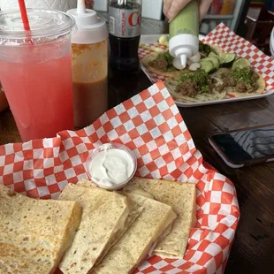 sinchronizadas (ham &amp; cheese in a flour tortilla), Watermelon aguas frescas (delish), and fajita corn tacos.