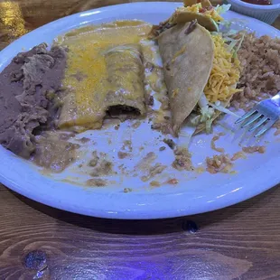 Small Mexican dinner- Two tacos, two enchiladas, rice and beans. Always my go to dish