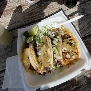Barbacoa taco, Tripa taco, and Pastor taco