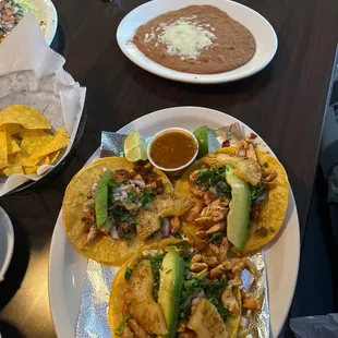 Chicken street tacos with beans. Delicious